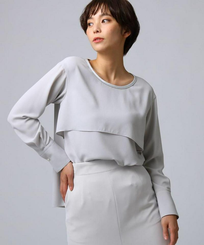 【洗える】ネックビジューストレッチジョーゼットブラウス