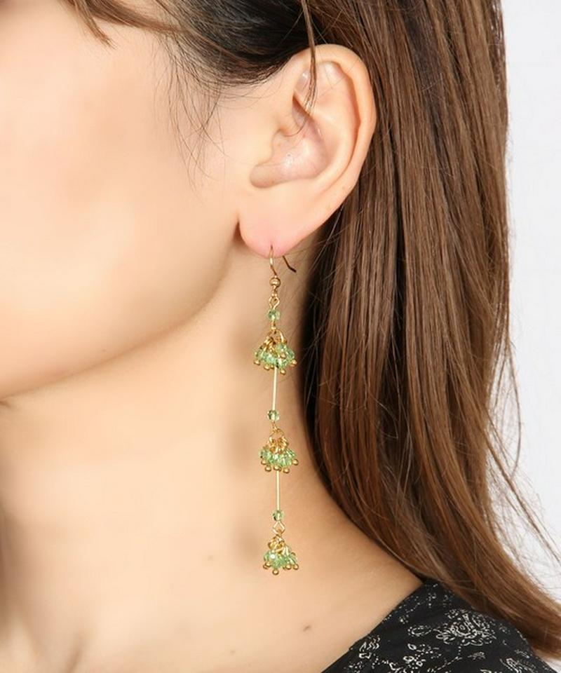 K14GF ガラスバー3連ピアス グリーン