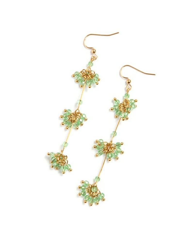 K14GF ガラスバー3連ピアス グリーン