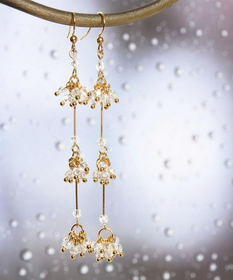 K14GF ガラスバー3連ピアス クリア