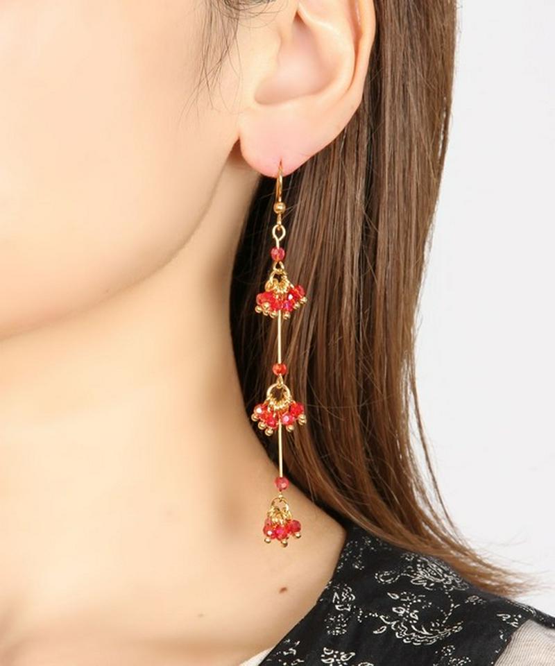 K14GF ガラスバー3連ピアス レッド