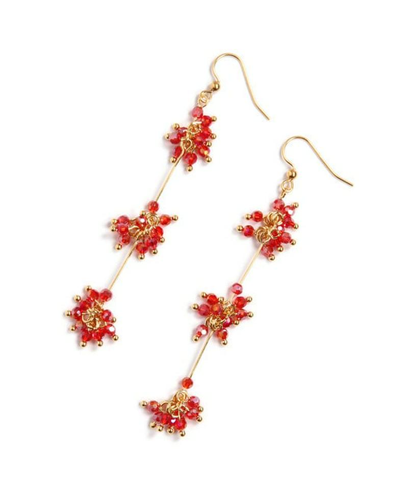 K14GF ガラスバー3連ピアス レッド