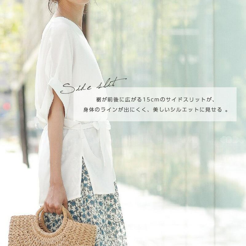 りぼん Vネック ブラウス ウエストリボン Vネック レディース オフィス 5分袖 トップス シャツ おしゃれ 可愛い ホワイト