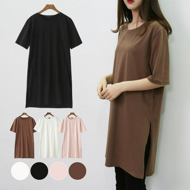 チュニック レディース 半袖 トップス おしゃれ 可愛い スリット シンプル メール便 2019春夏新作 L/XL 【ali-q