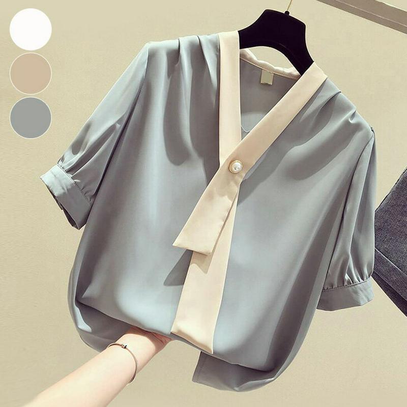 ブラウス レディース 半袖 トップス シャツ おしゃれ 可愛い バイカラー パール メール便 2019春夏新作 M/L/XL/2