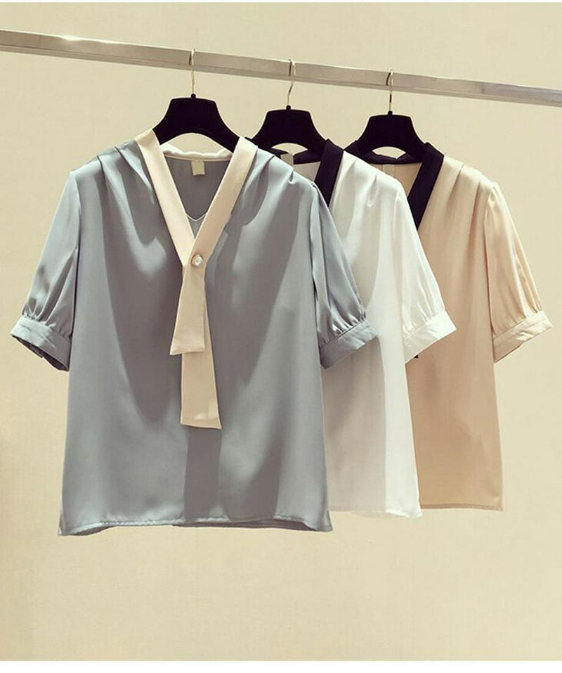 ブラウス レディース 半袖 トップス シャツ おしゃれ 可愛い バイカラー パール メール便 2019春夏新作 M/L/XL/2