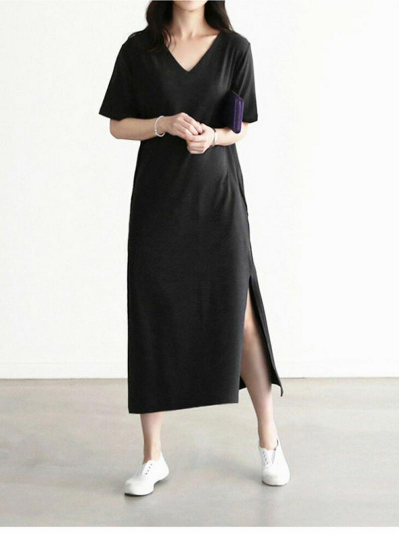 ワンピース レディース ロング丈 Vネックおしゃれ 可愛い スリット 動きやすい カラバリ豊富 メール便 2019春夏新作 【l