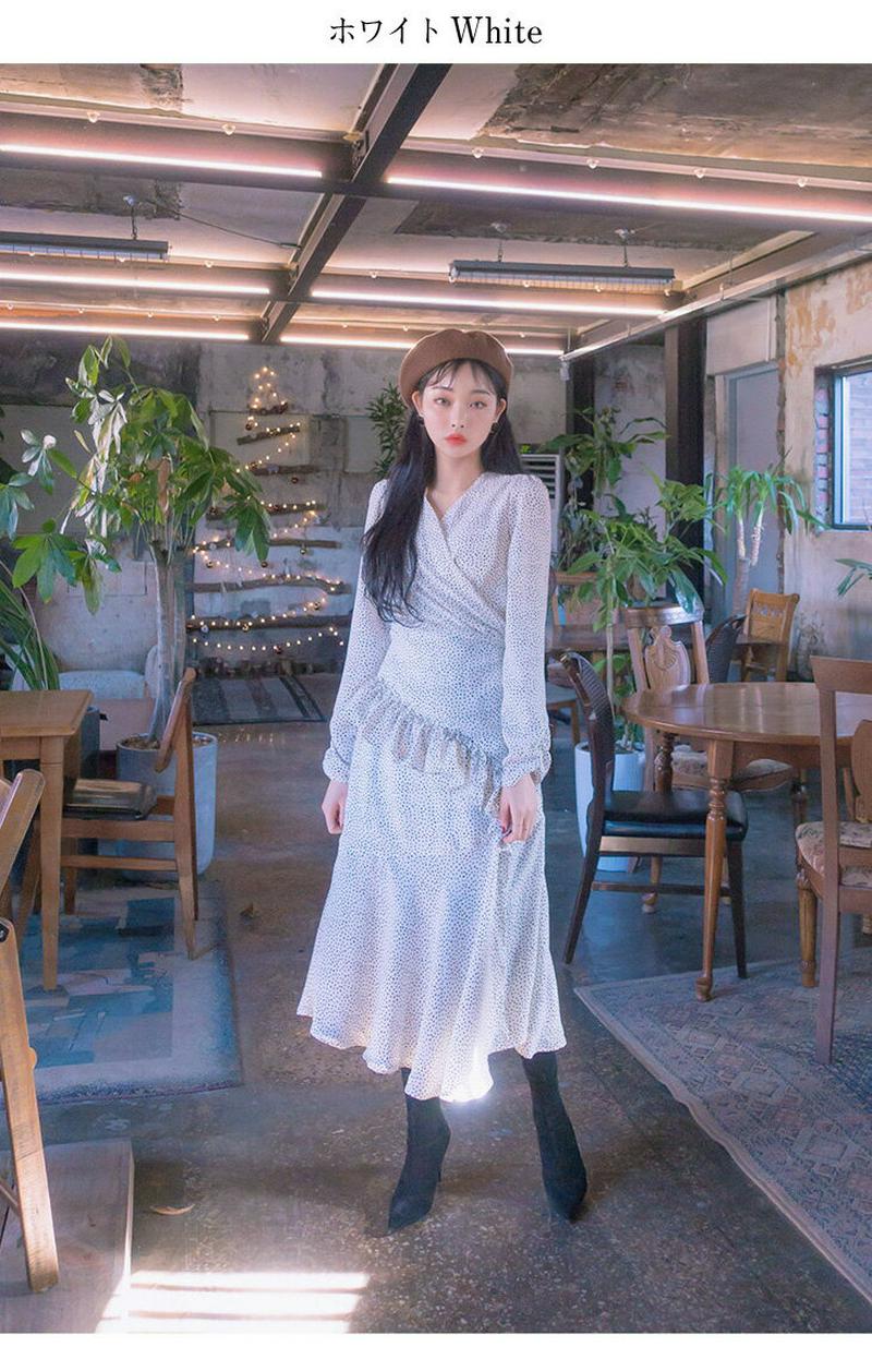 ワンピース レディース 春物 マキシ丈 フリル シフォン ドット Aライン ロング丈 きれいめ おしゃれ 可愛い ブラック ホワ