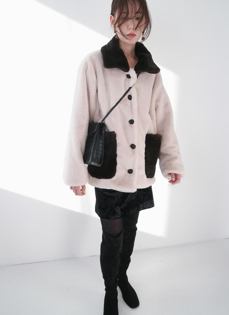 配色フェイクファーボタンジャケット