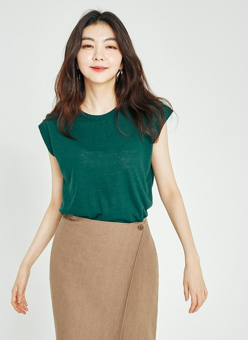リネン混バンドスリーブTシャツ(グリーン)