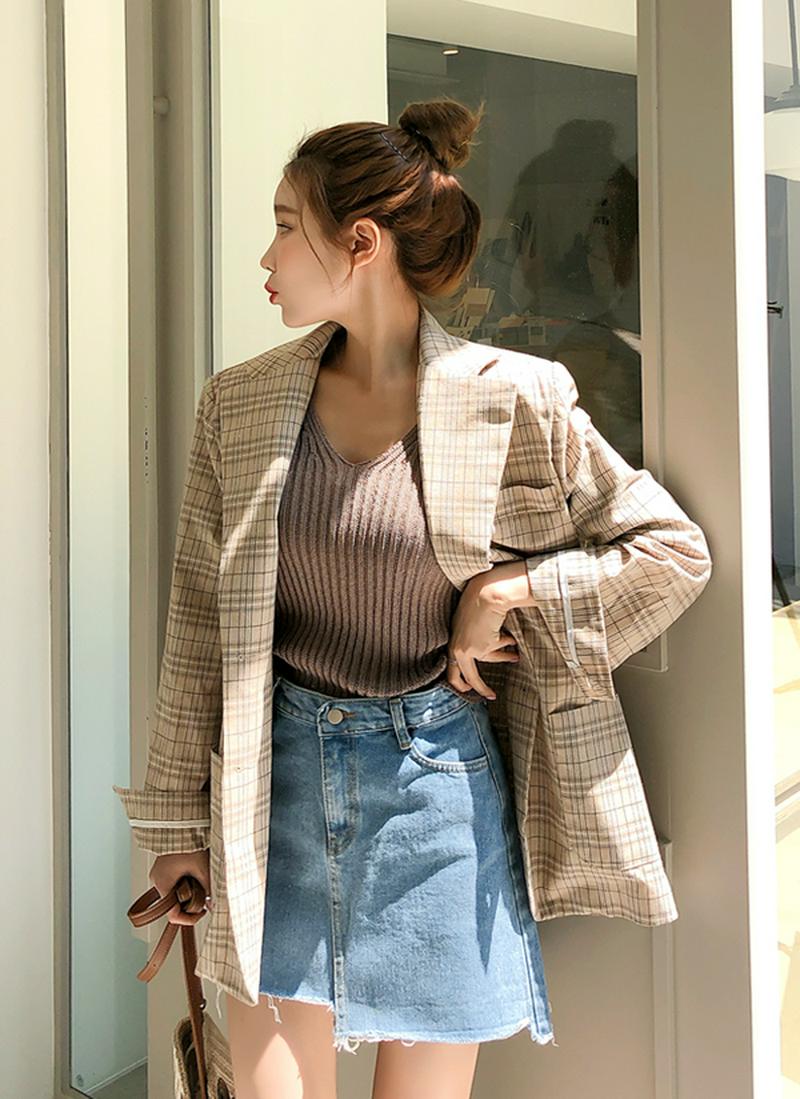 リネンチェック柄シングルジャケット