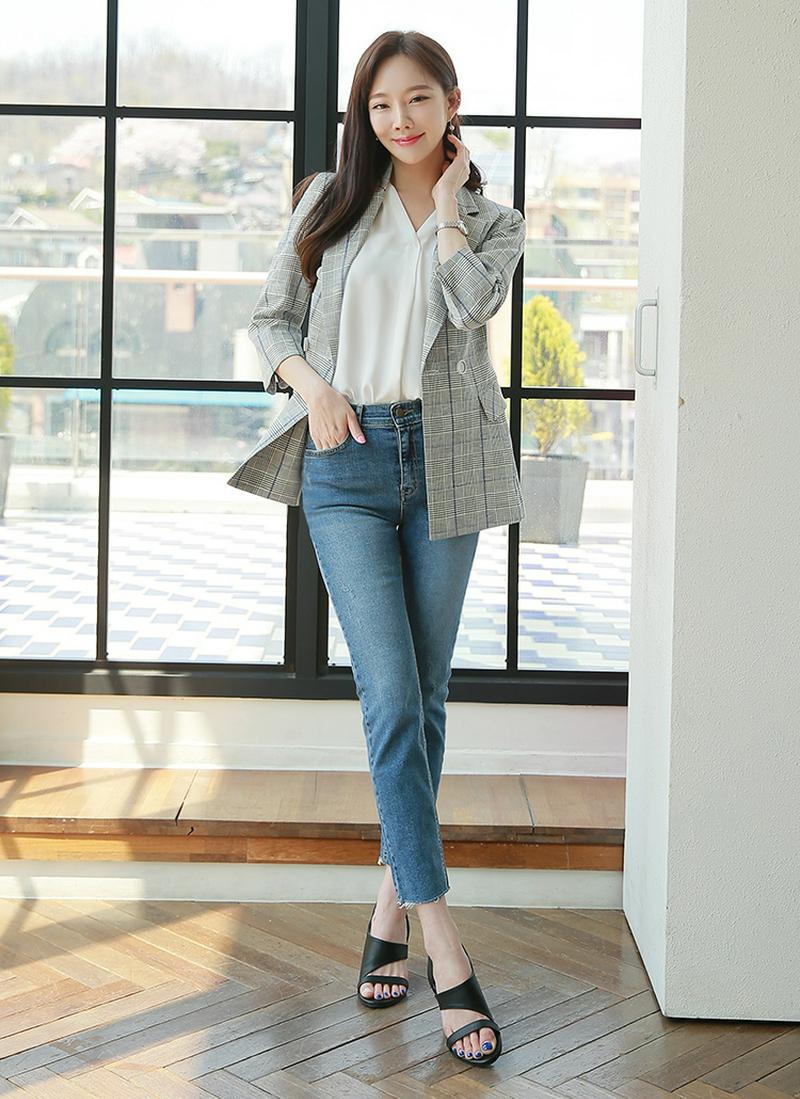 ミドル丈ダブルボタンチェックジャケット