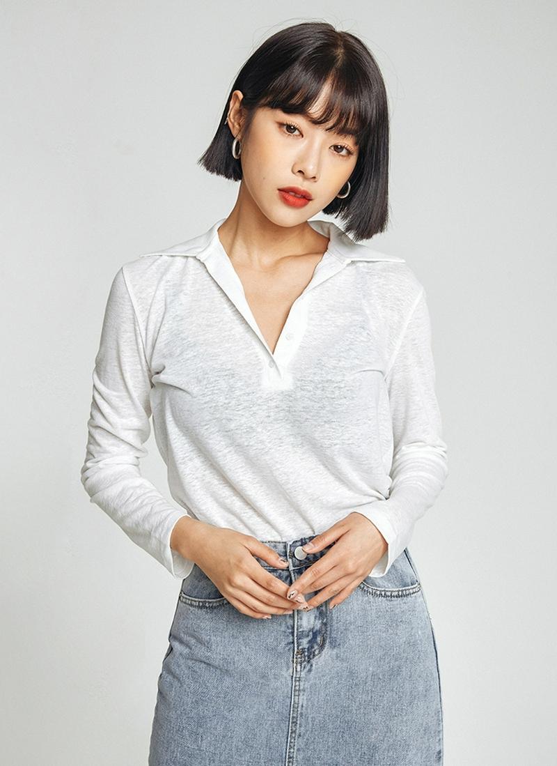 リネンミックスボタンカラーTシャツ