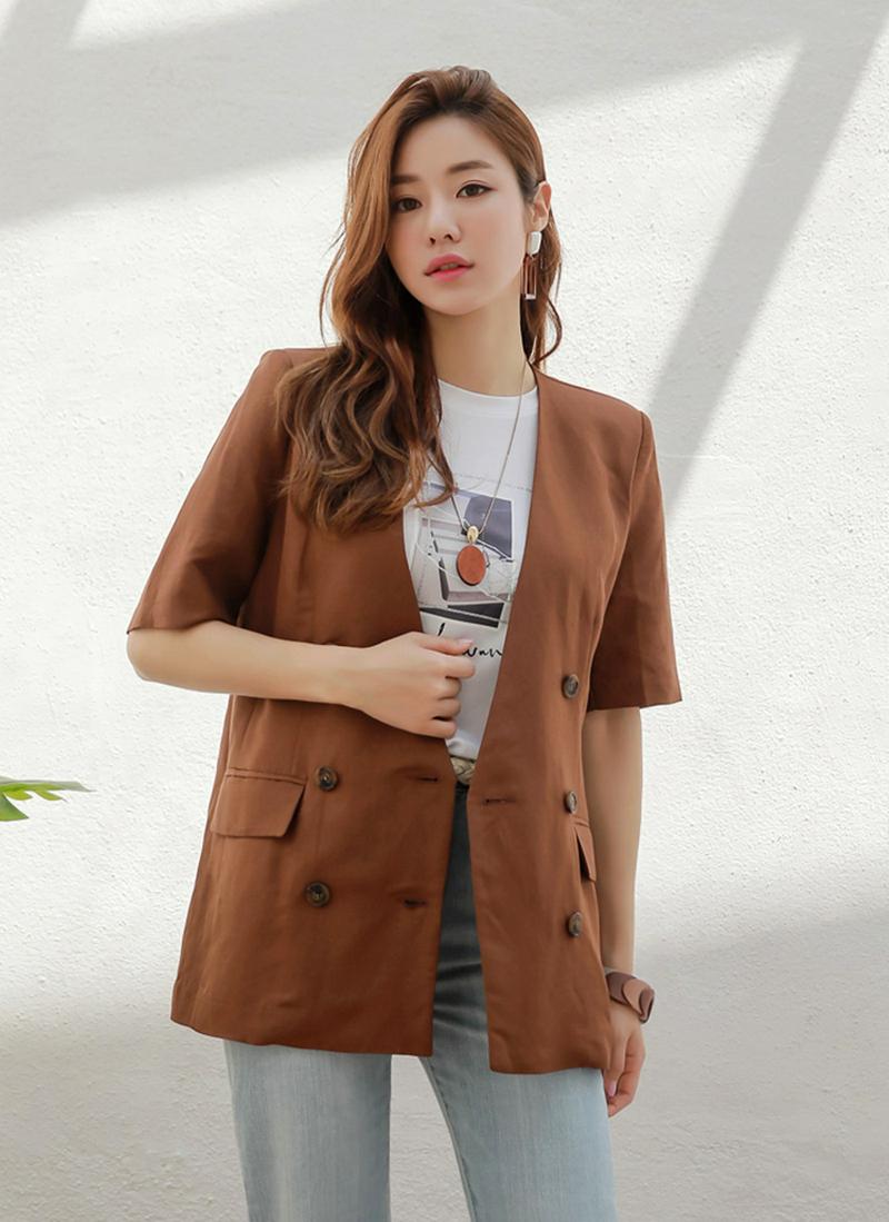 ノーカラーVネックダブルボタンハーフジャケット