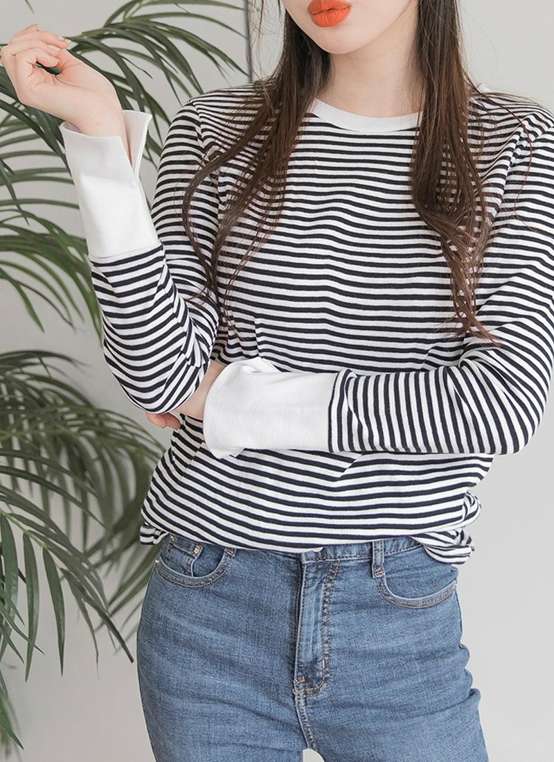 配色スリットカフスボーダーTシャツ