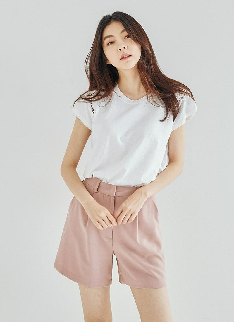 キャップスリーブパンチングラインTシャツ