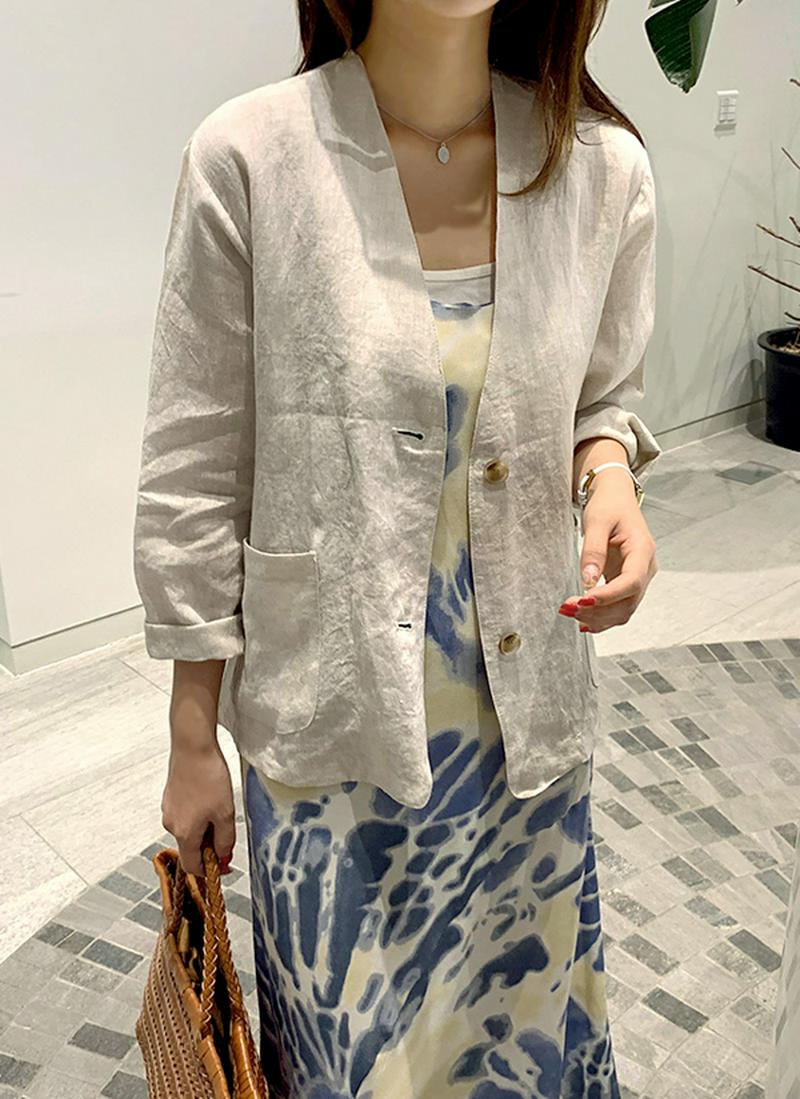 リネンシングルノーカラージャケット