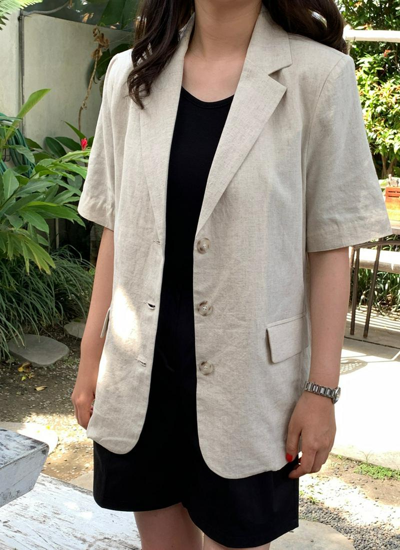 リネン混シングルハーフスリーブスリーボタンジャケット