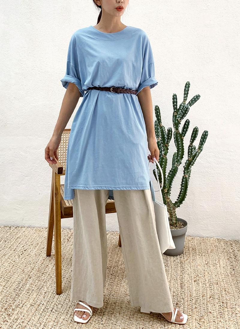 スリットロングTシャツ・全3色・e54550 レディース【tops】 韓国ファッション トップス Tシャツ 半袖 ラウンドネック ロングTシャツ ロング丈 オーバーサイズ ゆったり 体型カバー 綿 コットン 無地 カジュアル シンプル フェミニン 水色 夏