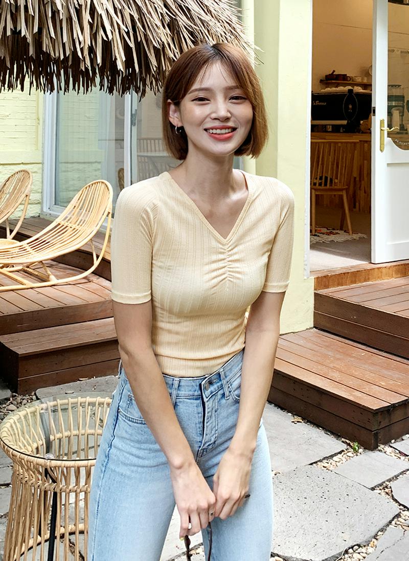 ギャザーVネックTシャツ・全4色