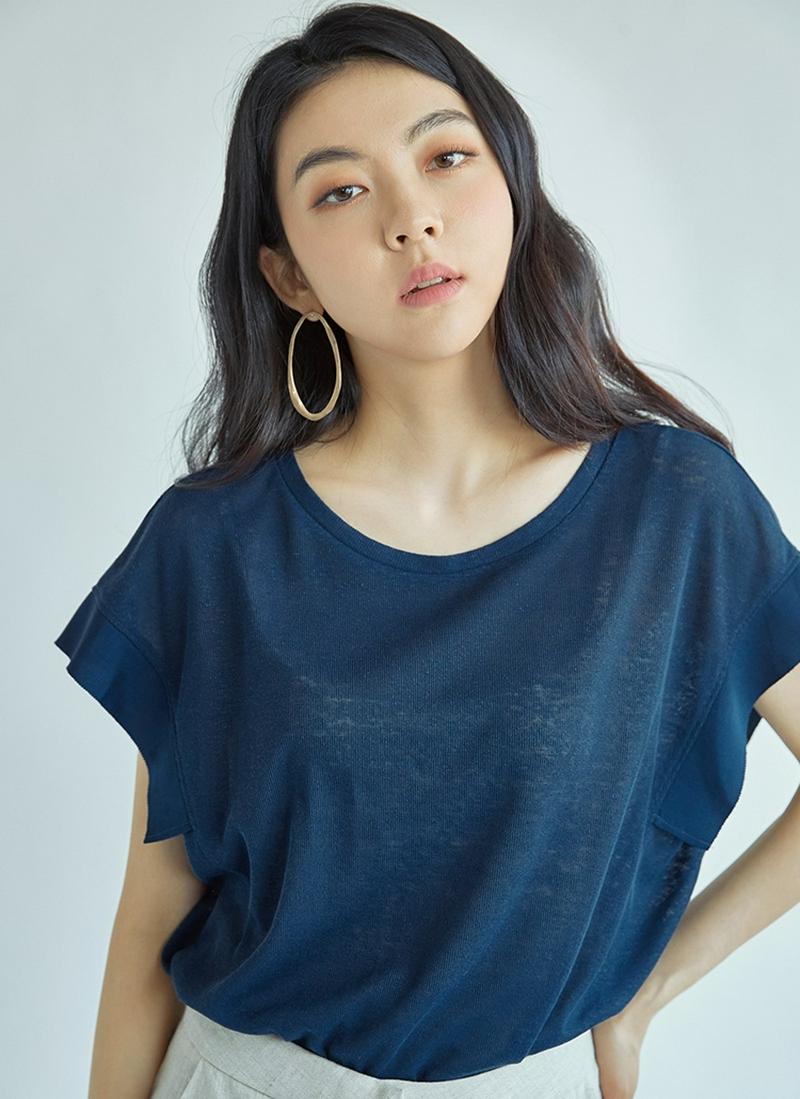 リネン混バンドスリーブTシャツ