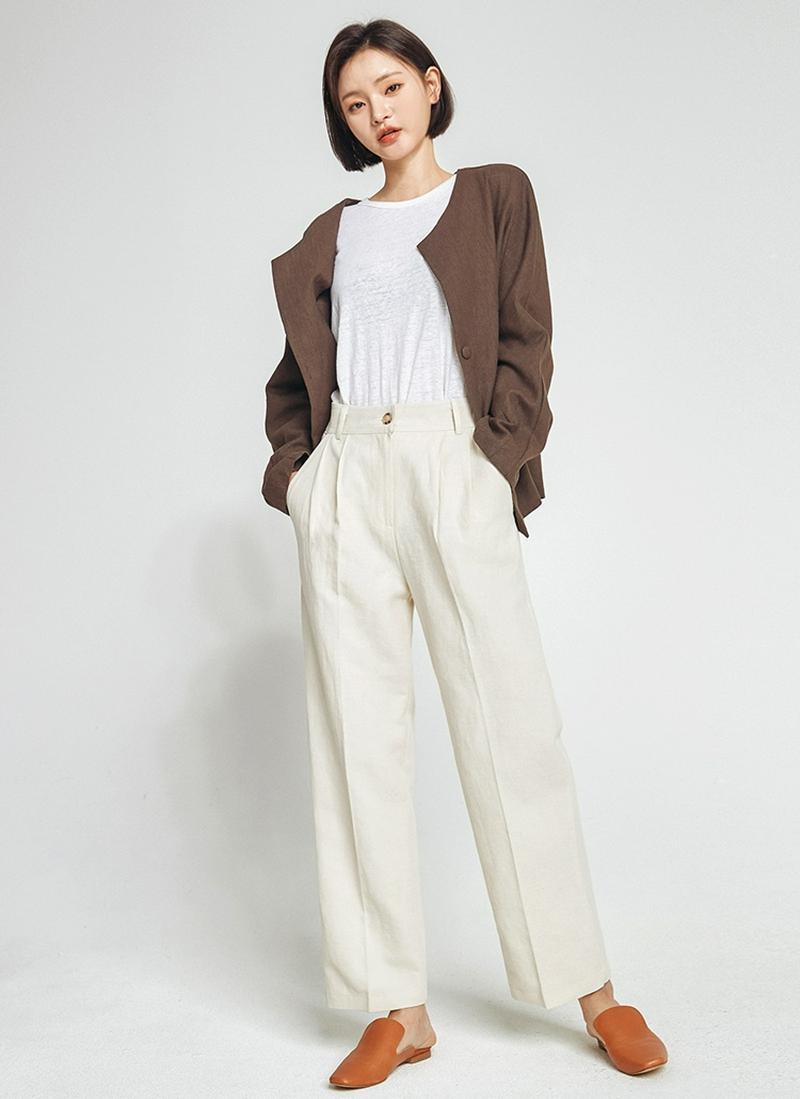 ノーカラーワンボタンリネンジャケット