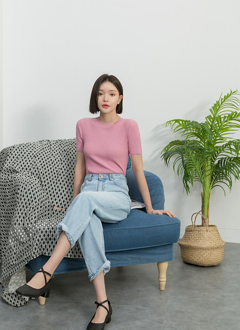 メタリックポイントリブニットTシャツ