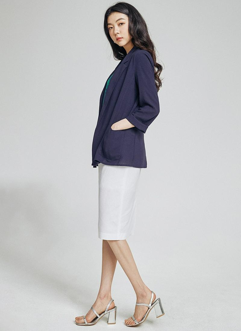 リネンミックスオープンテーラードカラージャケット(ネイビー)
