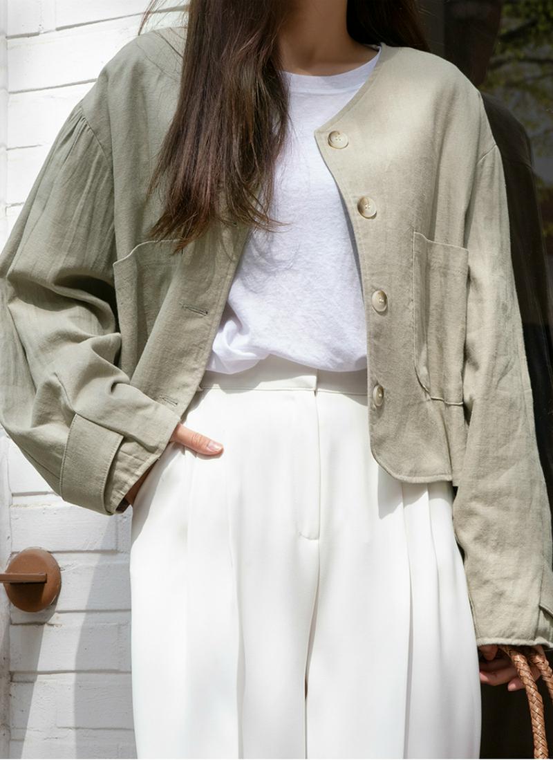 ヘリンボーンリネンノーカラーショートジャケット