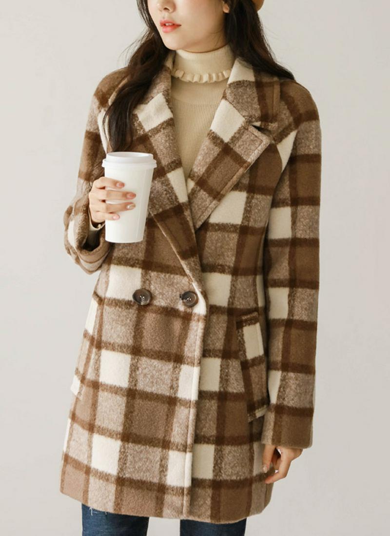 ウール混チェックダブルボタンコート