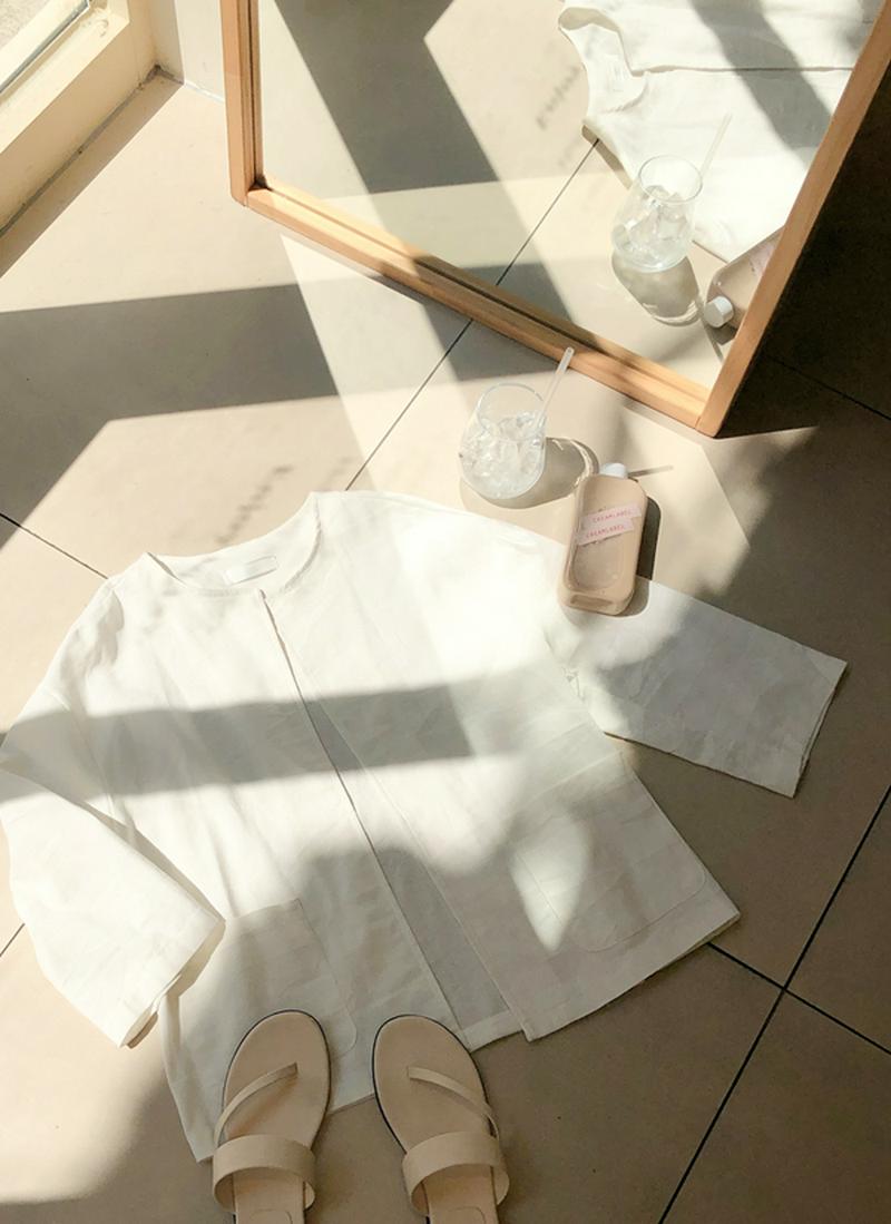 ノーカラーリネンジャケット