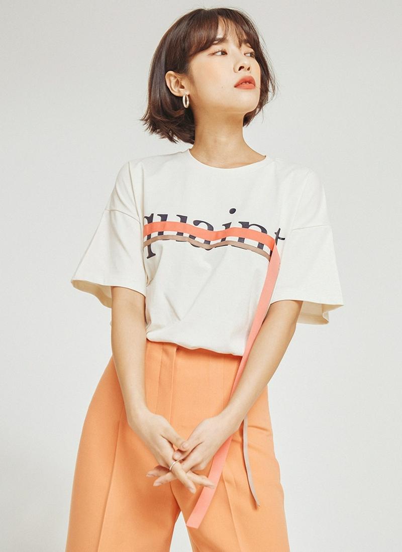 レタリングストラップ半袖Tシャツ(ベージュ)