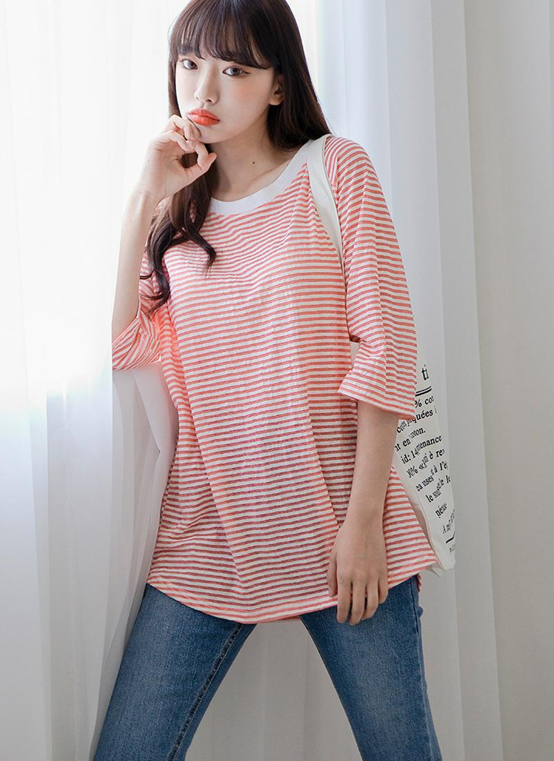 配色ネックボーダーパターンTシャツ