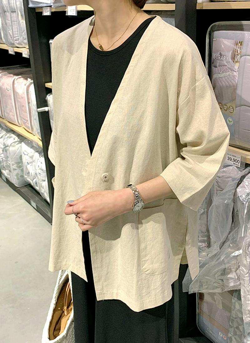 ノーカラーリネン混ハーフスリーブジャケット
