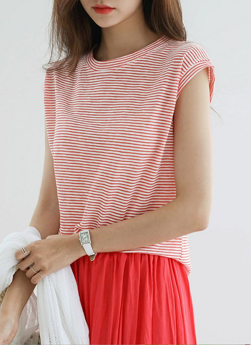 ボーダーキャップスリーブTシャツ