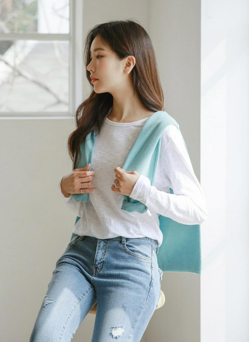 ラウンドネックスラブ長袖Tシャツ