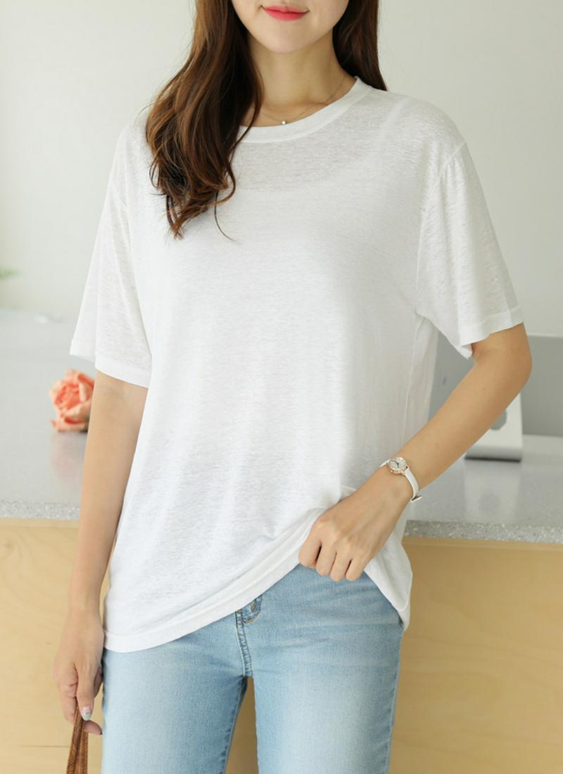 ラウンドリネン混Tシャツ