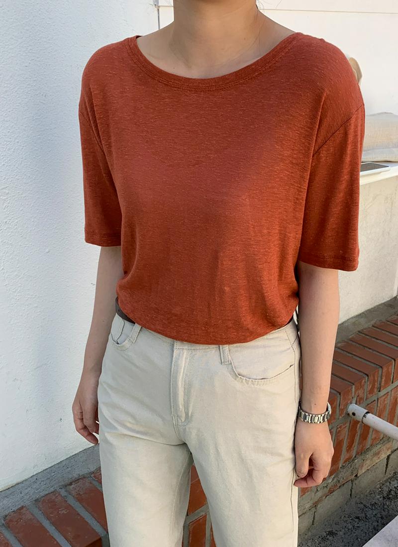 ラウンドリネン混Tシャツ