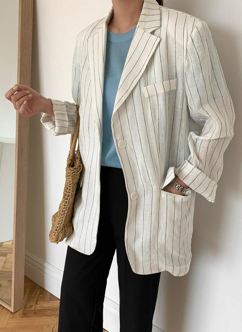リネンブレンドミドル丈ストライプポケットジャケット
