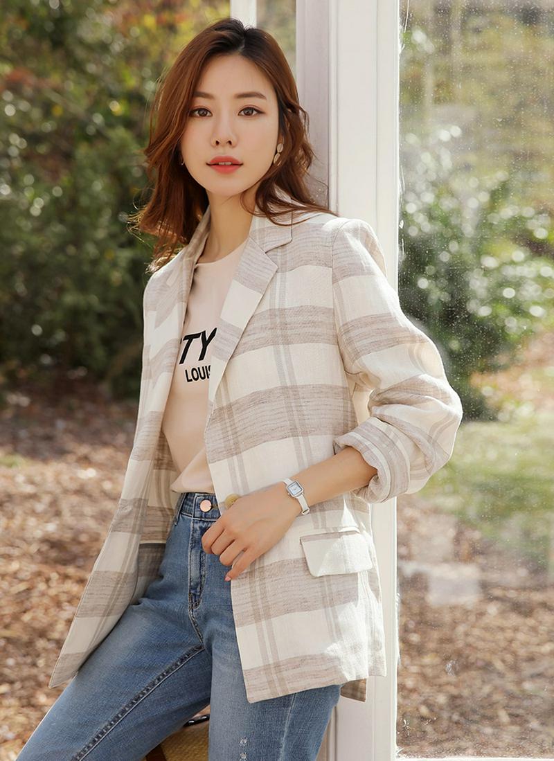 ワンボタンリネンチェックジャケット