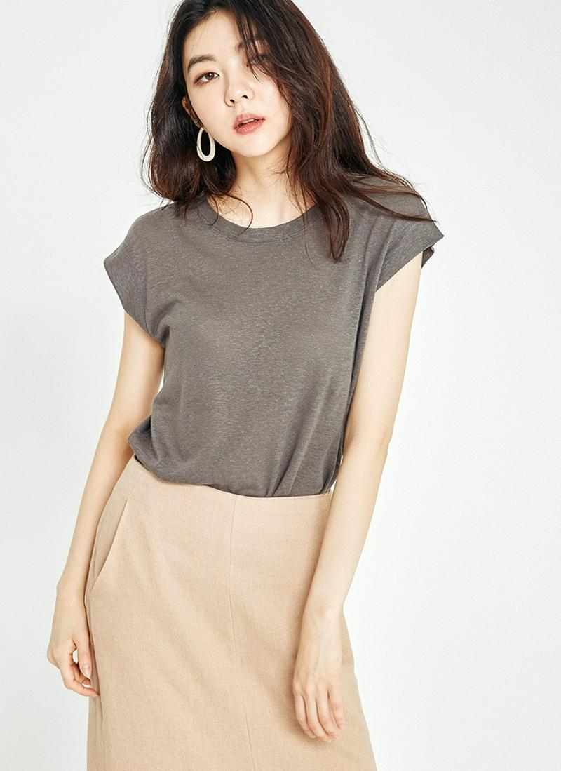 リネン混バンドスリーブTシャツ(ダークグレー)