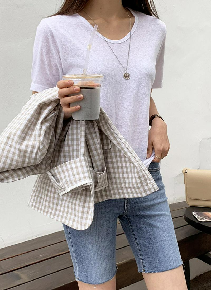 リネンブレンドUネックショートスリーブTシャツ