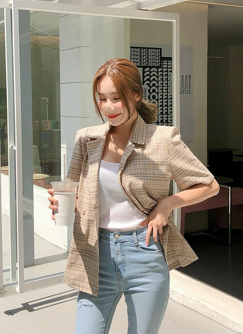 半袖リネンチェックジャケット