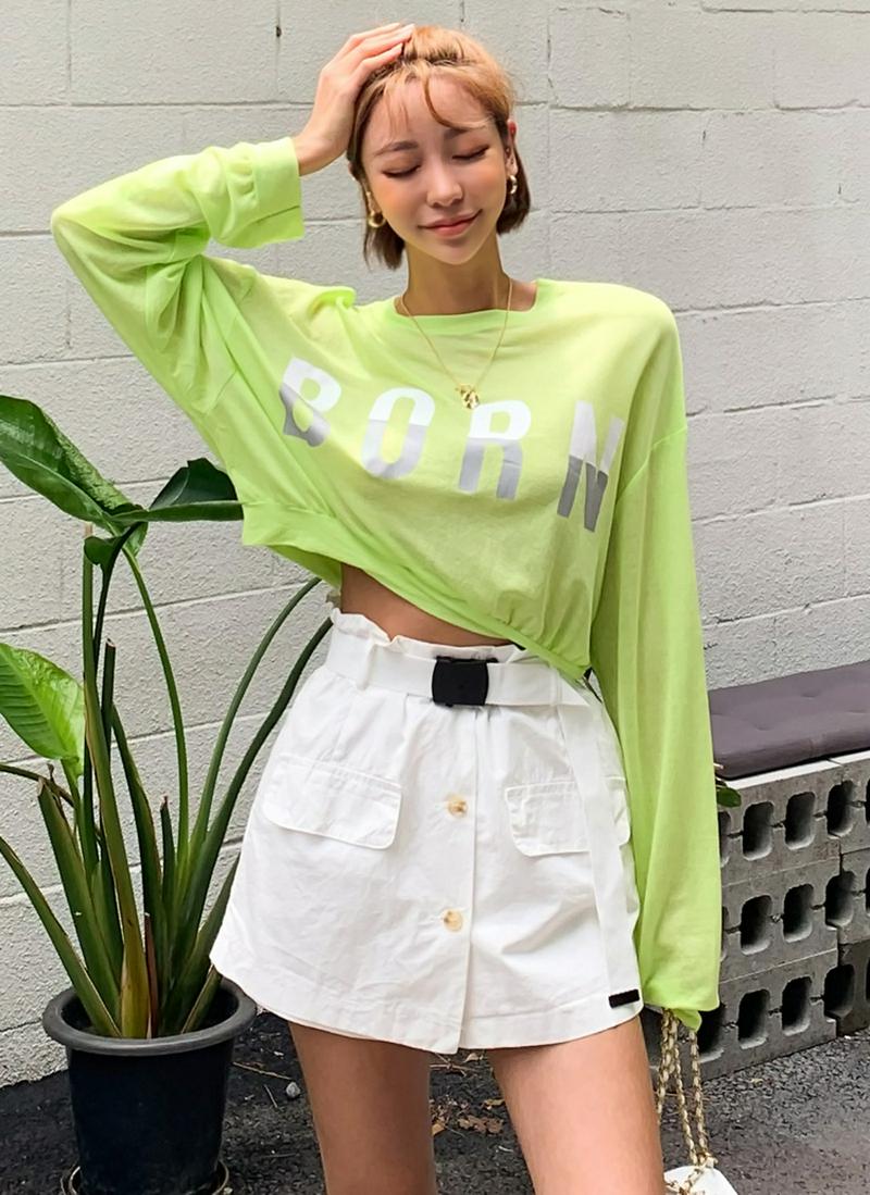 バイカラーレタリングクロップド長袖Tシャツ