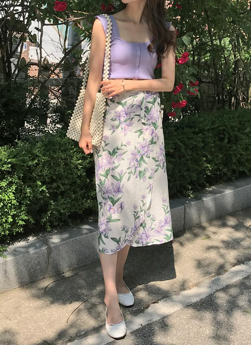 ニットスリーブレス&花柄ラップスカートSET