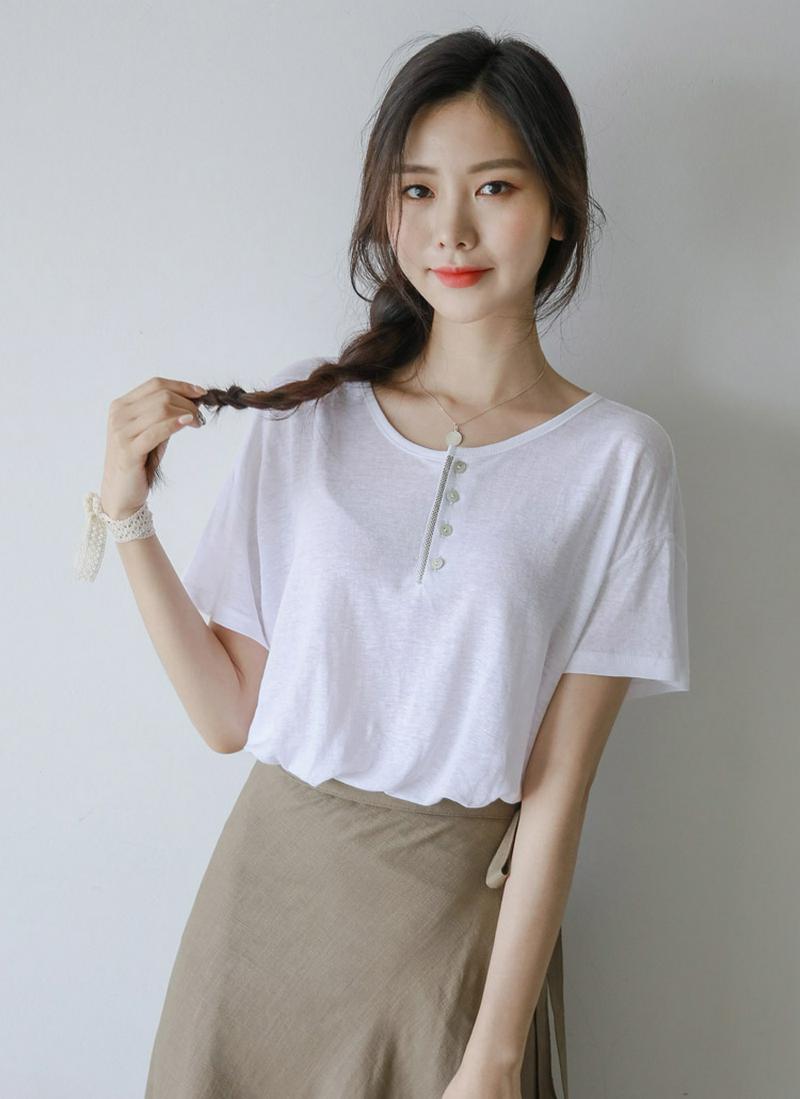 リネンブレンドヘンリーネックTシャツ