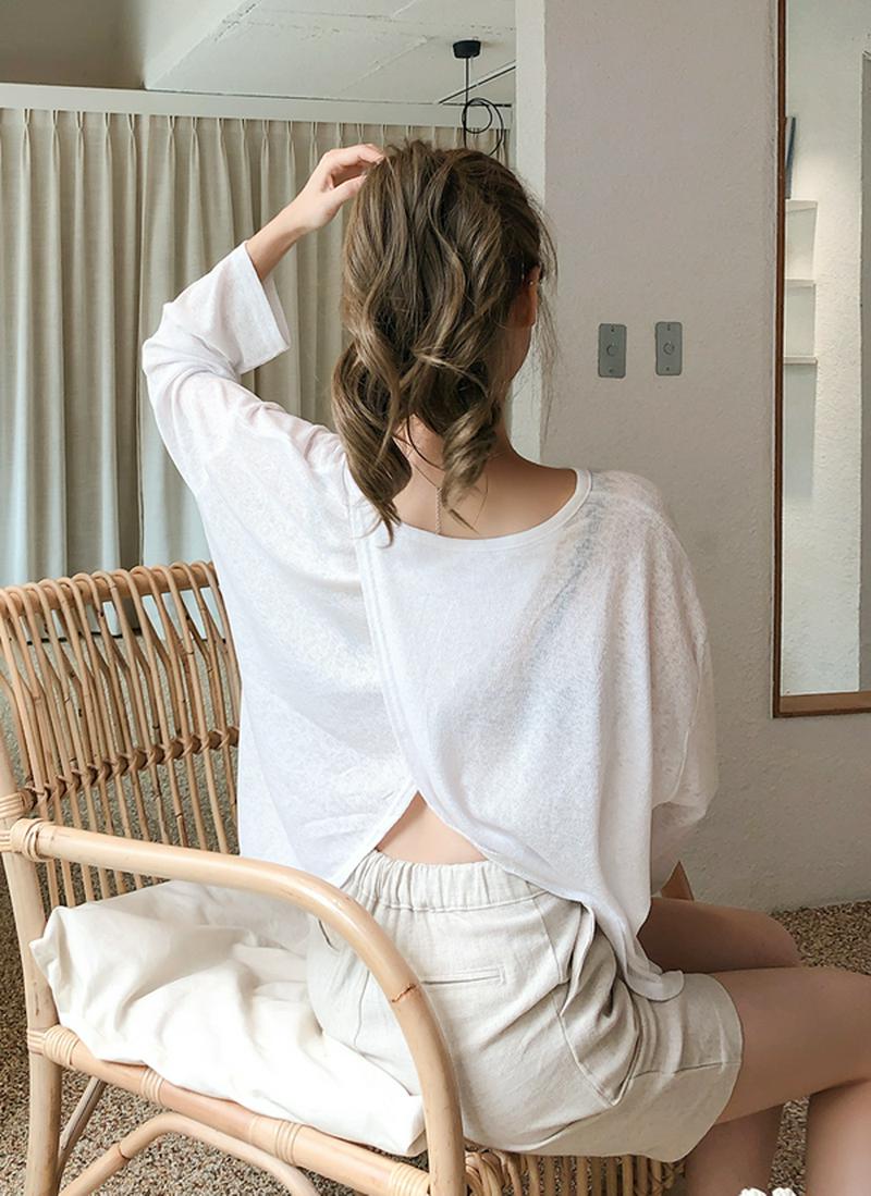 バックスリットデザインリネン混Tシャツ