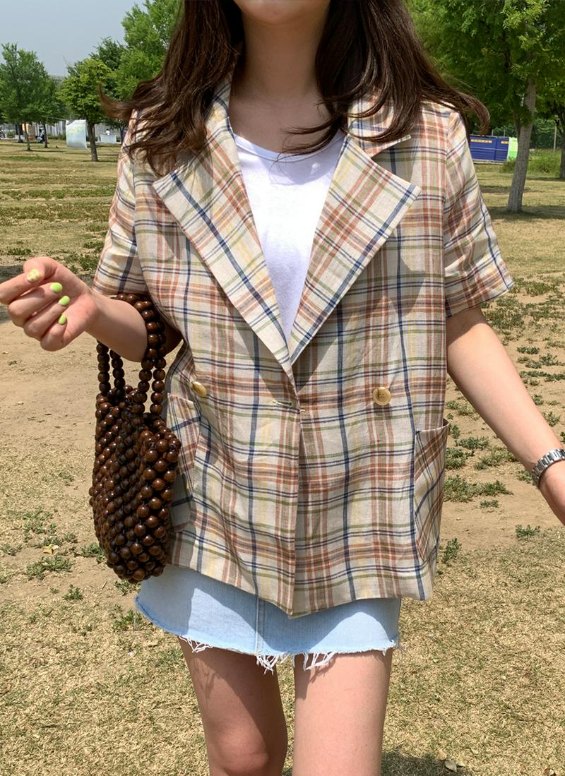 リネンチェックミドル丈ジャケット