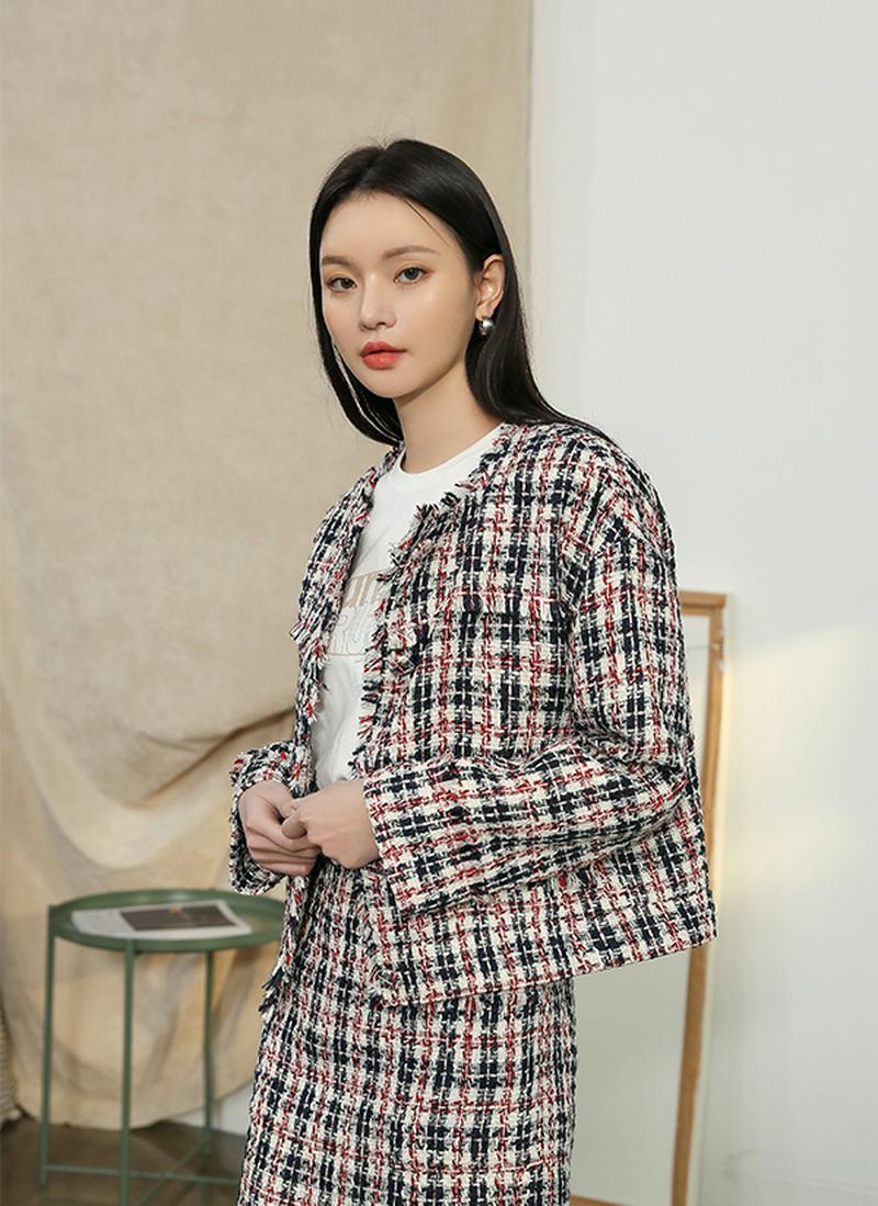 フリンジツイードチェックジャケット