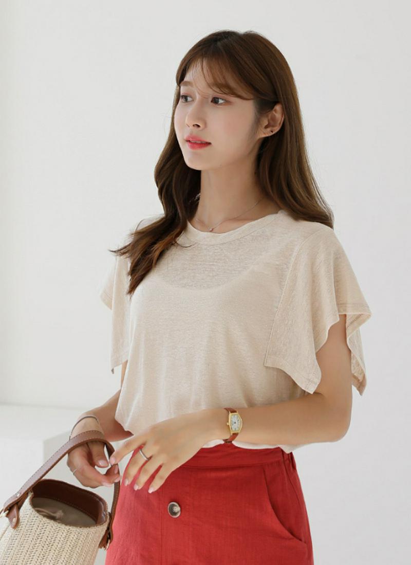 ウィングスリーブリネン混Tシャツ